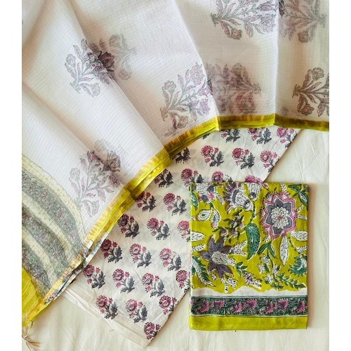 Handblock Lime Green Floral Kota Doriya Cotton Suits