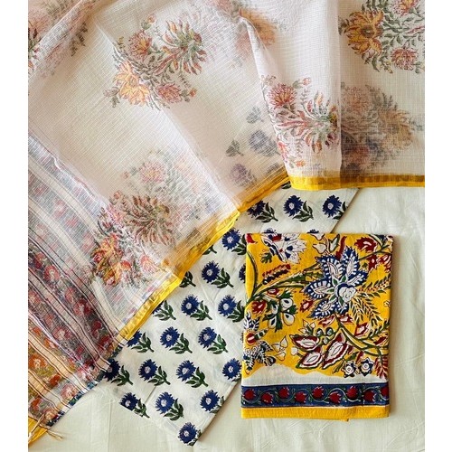 Handblock Yellow Floral Kota Doriya Cotton Suits