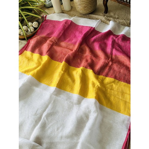 Multicolour and White Pure Linen Sarees