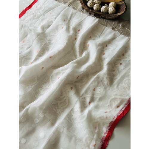 White and Red Muslin Silk Jamdani Saree