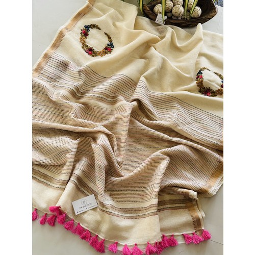 Half White Kantha Stitch Silk Linen Sarees