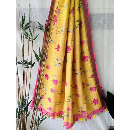 Yellow Tulip Pure Linen Saree