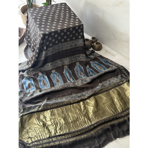 Ajrakh elephant Grey Butta Premium - Modal Silk Saree