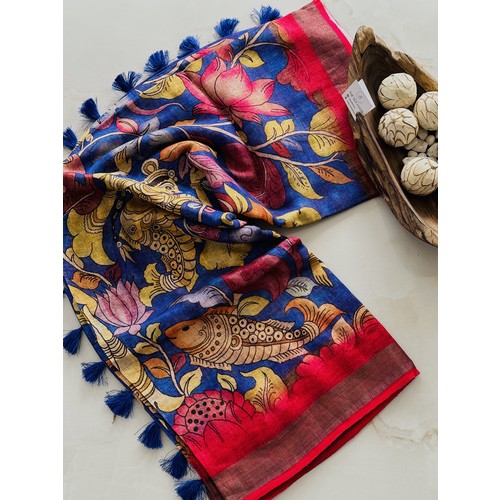 Ink Kalamkari Pure Linen Sarees