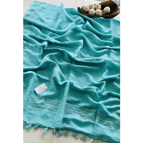 Pastel Blue Glass Beads Pure Linen Saree