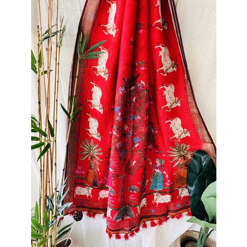 Kalamkari Kamadenu Red Pure Linen Saree