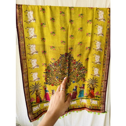 Kalamkari Kamadenu Lemon Green Pure Linen Saree